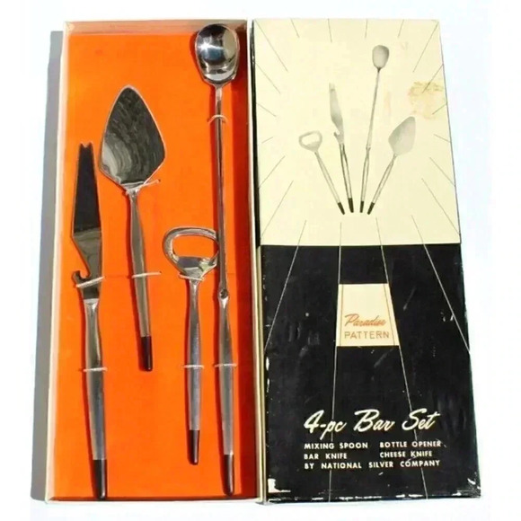 Vintage MCM 4 Pc Bar Stool Set National Silver Company Barware w/ Box - Picture 1 of 3